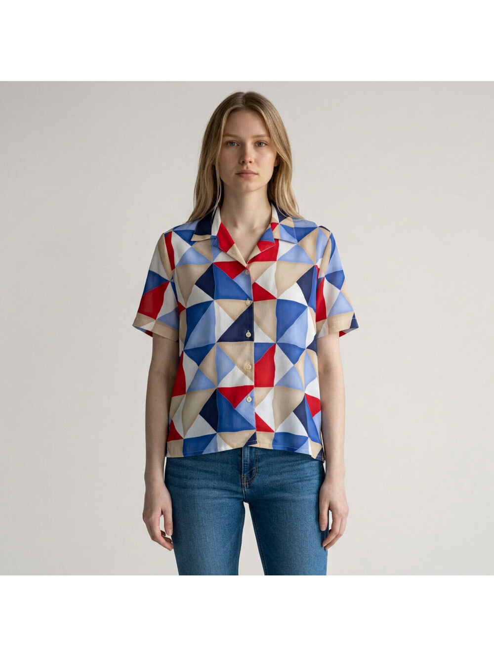Allison Daley Shirt Women 14P Petite Blue Geometric Button Up Short Sleeve